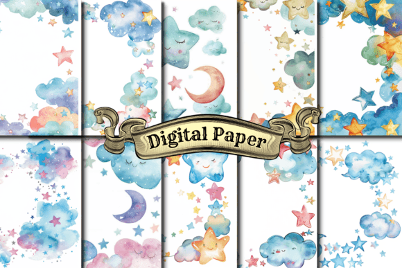 Download Stars and Clouds Digital Printable Paper - Digital printable Collection
